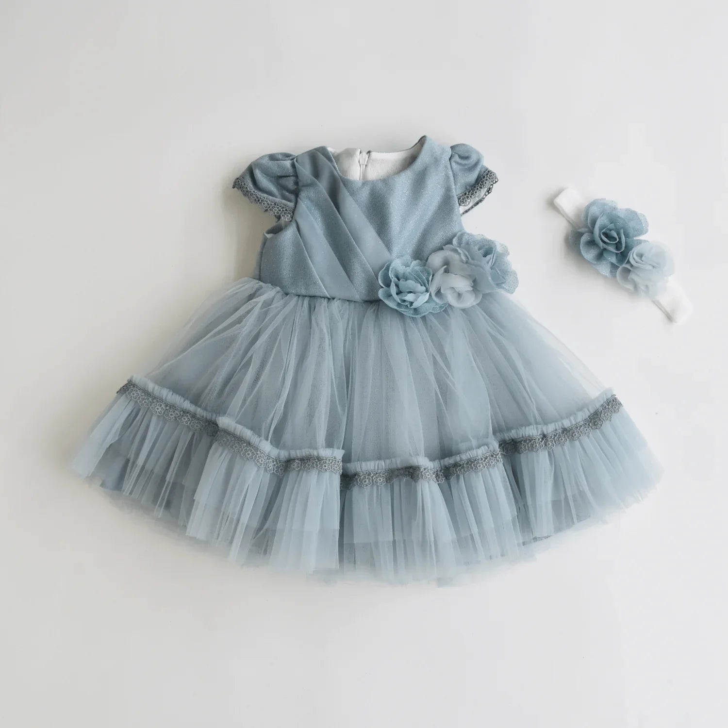 Bright Flower Girls Formal Dress with tulle bottom, cap sleeves, floral accents, and matching headband.