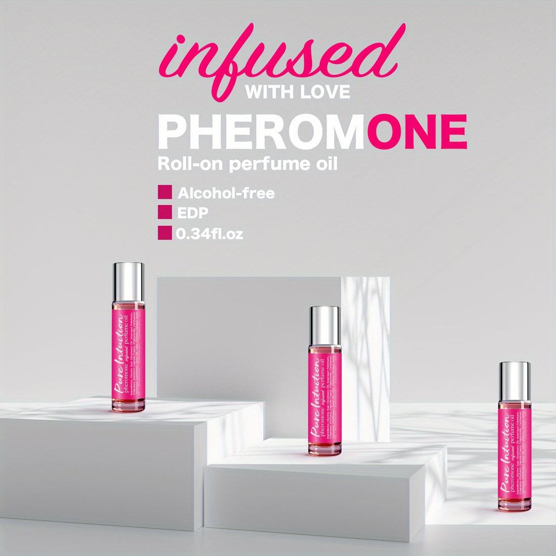 Infused Pheromone Perfume Oil Cologne displayed in roll-on bottles on a minimalist background.
