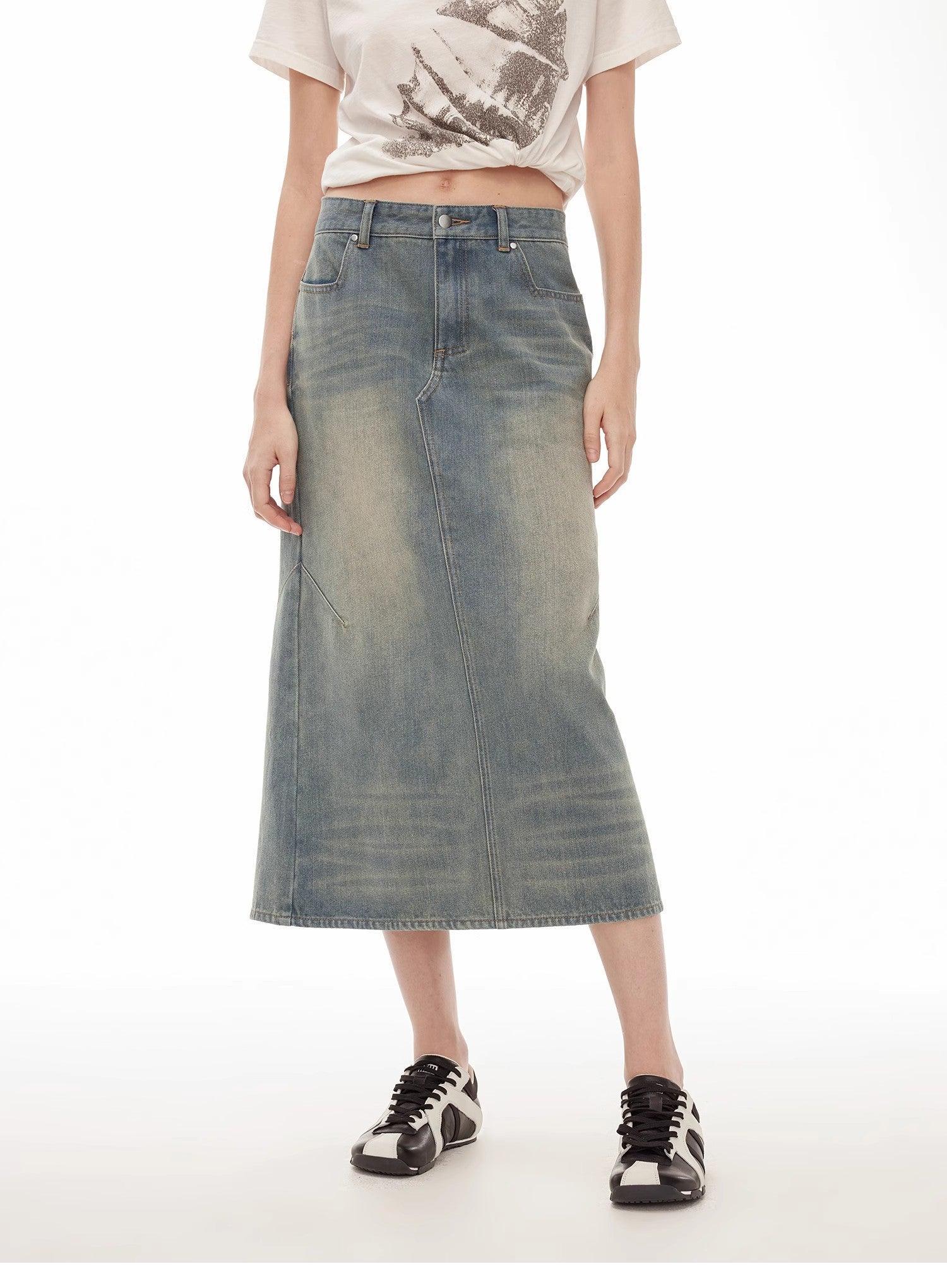 "Dawn Denim" retro old enzyme washed mid-low waist slim fishtail flared slim denim skirt - Modz Designs