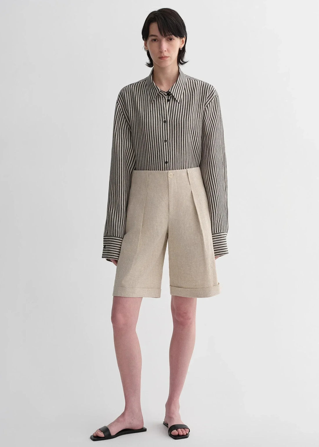 Sophisticated linen waistless pleated wide-leg cropped pants for women, featuring architectural silhouette, textured side pockets - Modz Designs