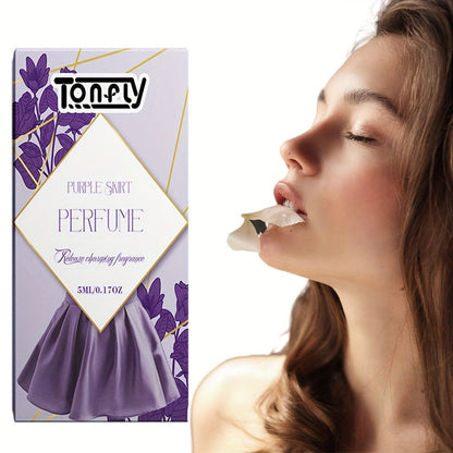 NNETM Purple Skirt Perfume Floral Fragrance packaging with a woman enjoying the scent.