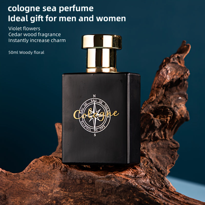 Cologne Ocean Perfume for Men &amp; Women displayed in an elegant black bottle with a gold cap on natural wood