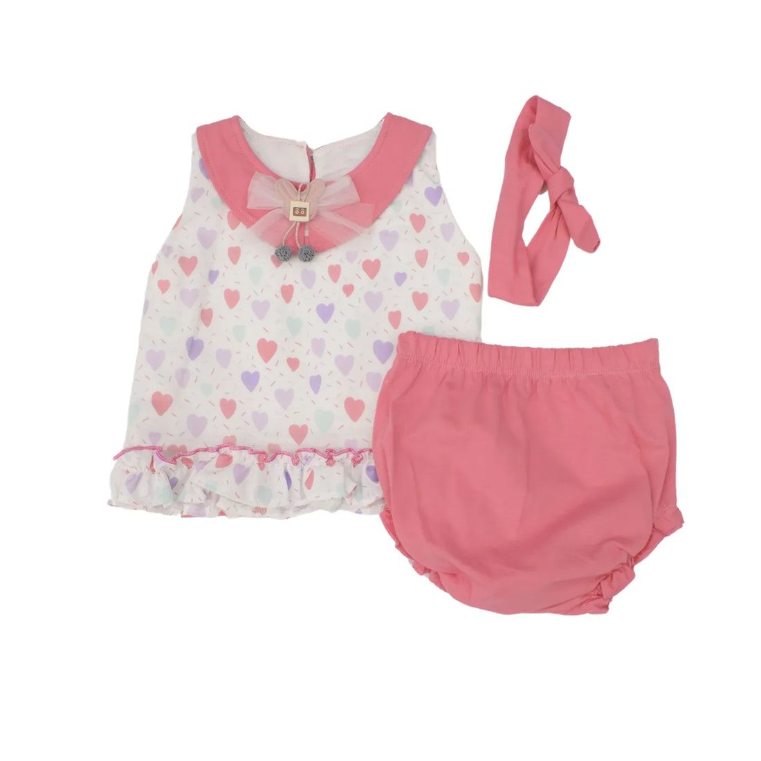 Colored Hearts Girls Casual Set featuring a sleeveless dress, matching panties, and a charming headband.