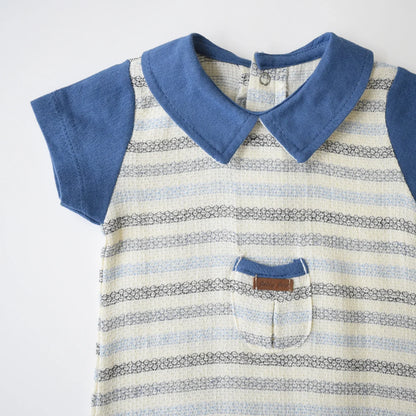 Striped Baby Dressy Overall in soft cotton with short sleeves and a front pocket, perfect for warm weather.