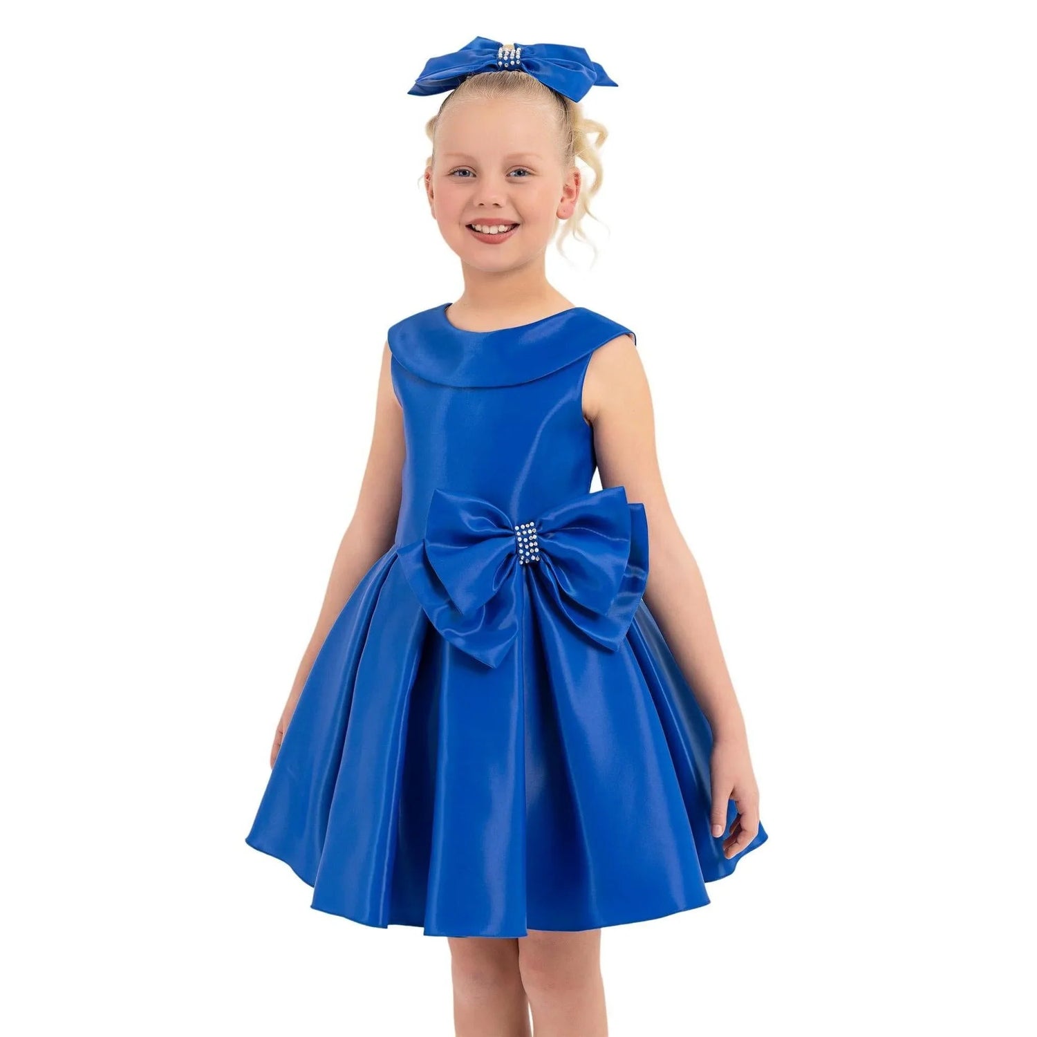 Girls formal satin dress Stellar Satin Girls Formal Dress in bright blue with big bow and collar, perfect for special occasions.