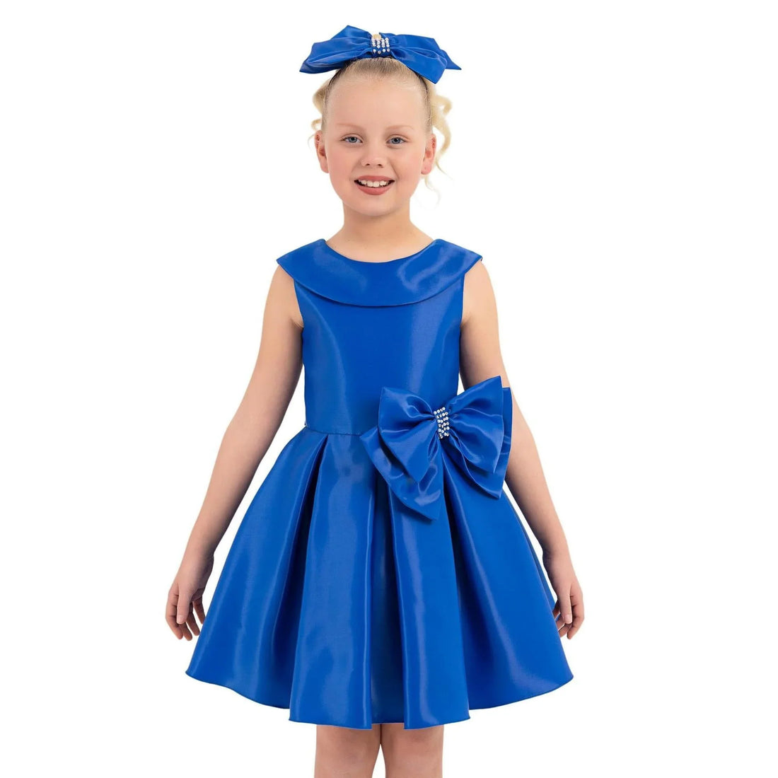 Girls formal satin dress Stellar Satin Girls Formal Dress featuring a shiny blue satin fabric, big bow, and stylish English collar.