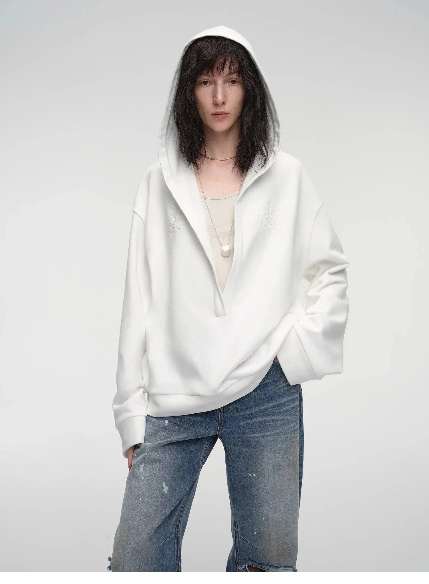 "Leisure Style" Handmade Rice Grain Embroidery Sequins Deep V Hooded Simple Profile Sweatshirt - Modz Designs