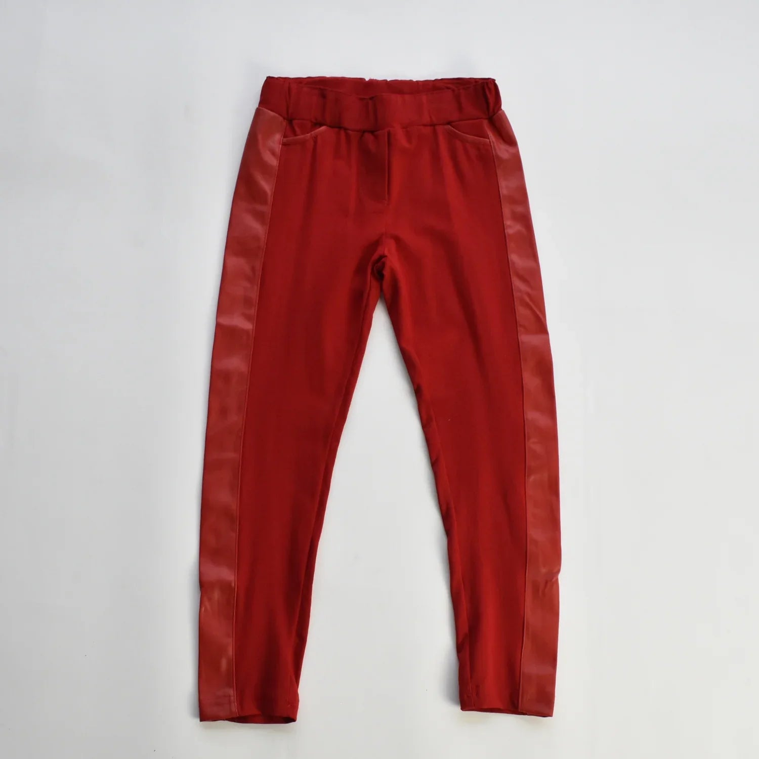 Undecided Love Girls Casual Set stylish red pants with wide leather lines and elastic waistband.