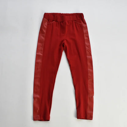 Undecided Love Girls Casual Set stylish red pants with wide leather lines and elastic waistband.