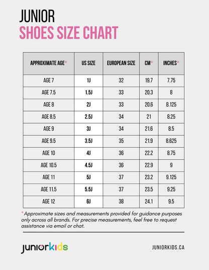 Junior shoes size chart for kids, including US sizes, European sizes, and measurements in cm and inches.
