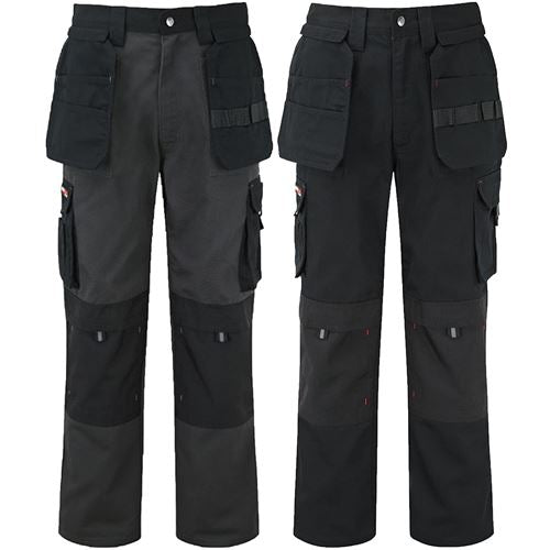 Mens Tuffstuff Extreme Work Trousers - 700 in black and dark grey, featuring multiple pockets and durable design.