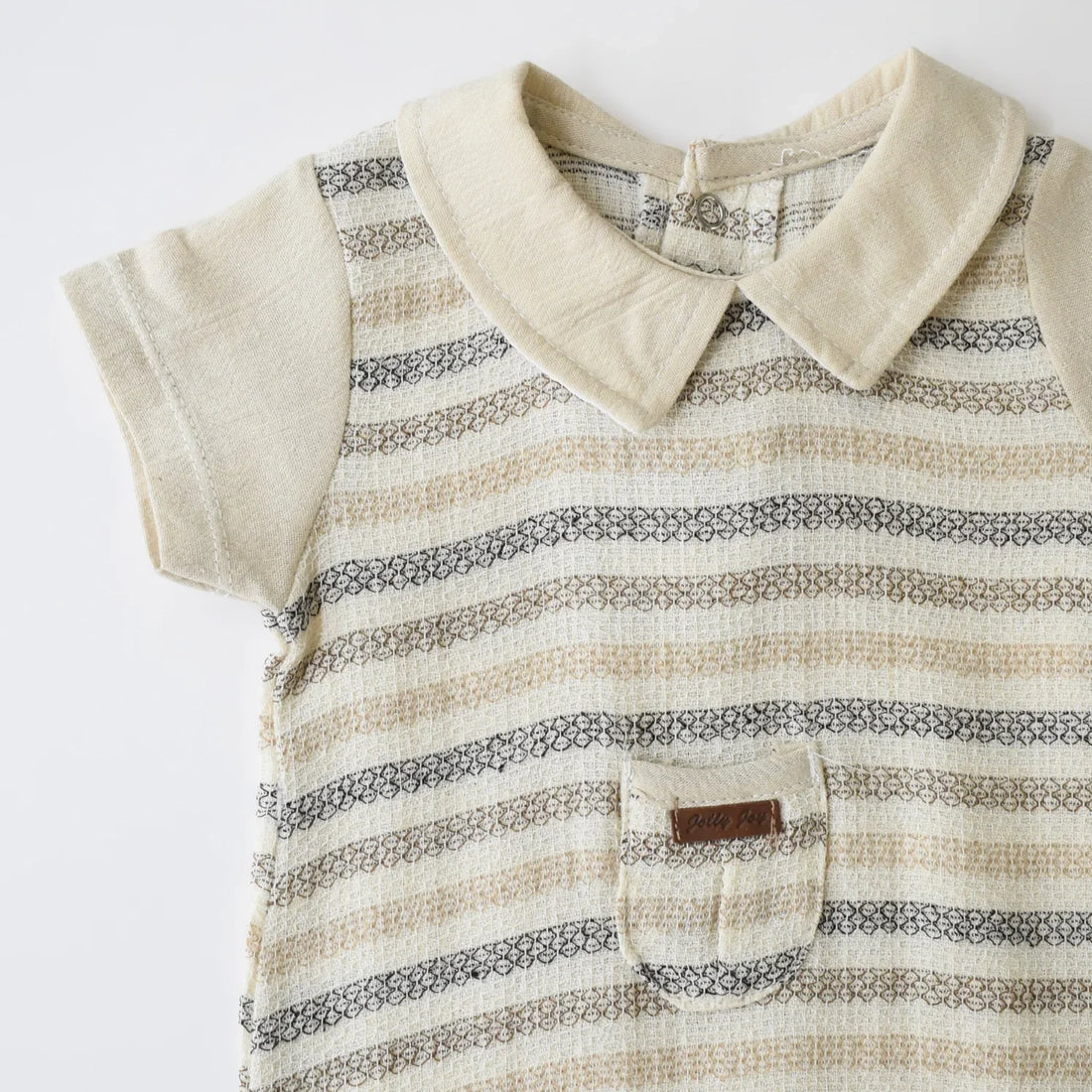 Striped Baby Dressy Overall featuring a classic striped pattern and a convenient front pocket.