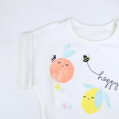 Happy Fruit Baby Girls Leggings Set with colorful fruit design on soft cotton t-shirt for little girls.