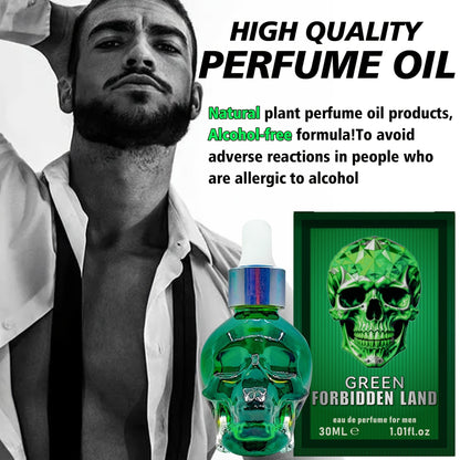 Forbidden Land Perfume Oil for Men in a green skull-shaped bottle, 30ml alcohol-free fragrance.