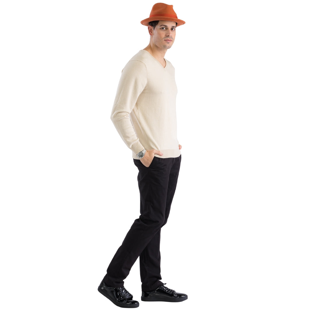 Sam Jacobi Mens Pullover Beige Knitted Sweater V-neck Stylish Knitwear Long Sleeve Casual Slim Fit worn by a model.