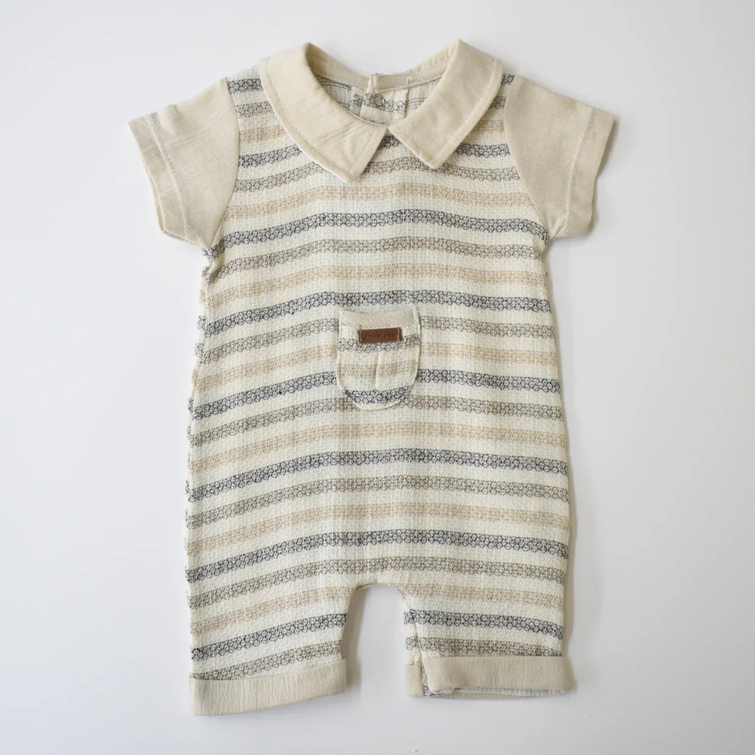 Striped Baby Dressy Overall featuring a classic striped pattern and short sleeves for stylish comfort.