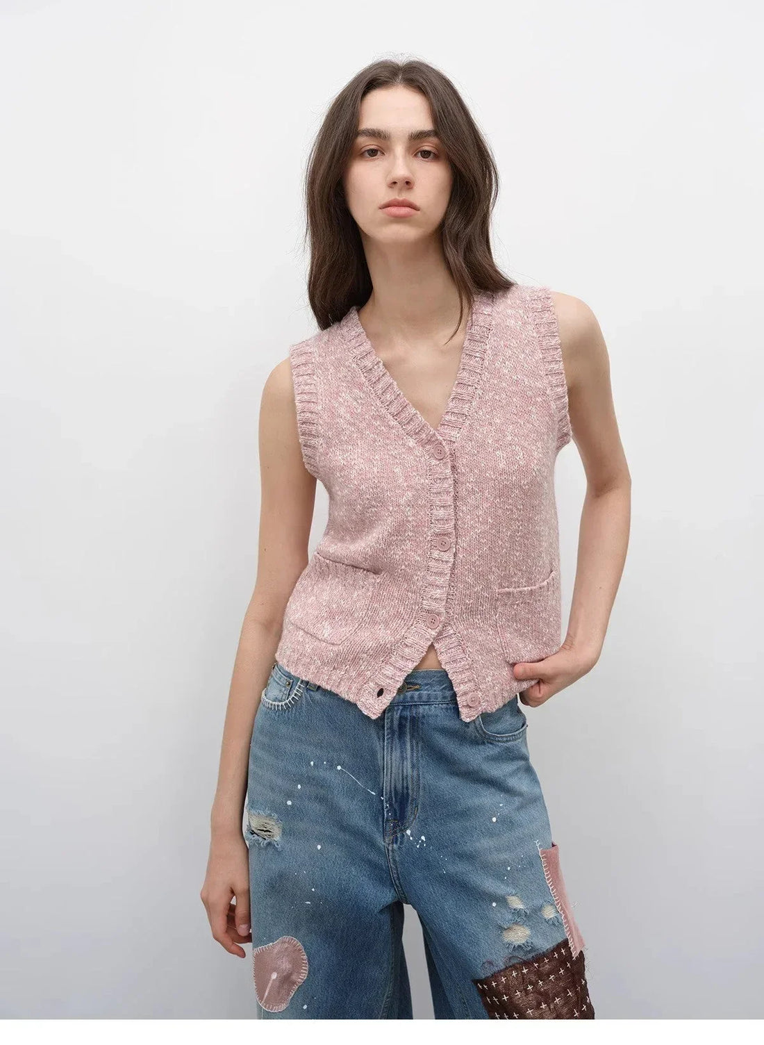 "Stacking Rehearsal" Fashionable vintage style layering artifact wool blend dotted V-neck knitted vest for autumn - Modz Designs