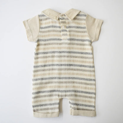 Striped Baby Dressy Overall for baby boys, featuring short sleeves and a classic striped pattern.