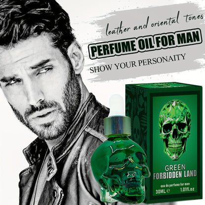 Forbidden Land Perfume Oil for Men in a green skull bottle with leather and oriental tones, showcasing bold personality.