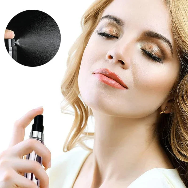 5ml Portable Perfume Atomizer Spray Bottle in use, woman applying perfume for an invigorating scent.