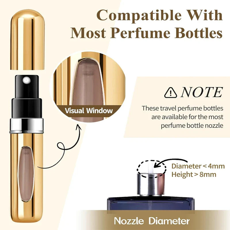 5ml Portable Perfume Atomizer Spray Bottle with visual window, compatible with most perfume bottles for travel convenience.