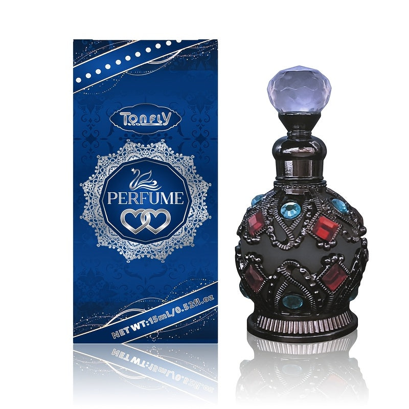 Enchanted Arabian Dreams Essential Oil Perfume bottle and packaging in blue with floral design and decorative jewels.