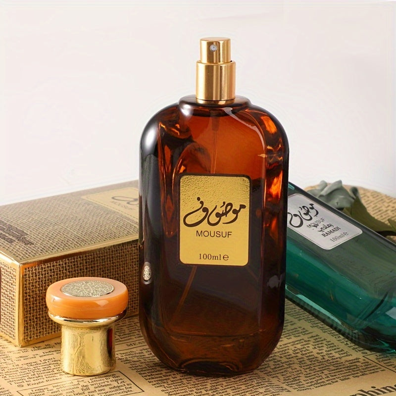 NNETM Arabian Musk Perfume Long-Lasting Woody Fragrance in a glass bottle on textured background.
