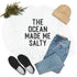 The Ocean Made Me Salty sweatshirt styled with jeans, sneakers, and a cozy beanie for a trendy look.
