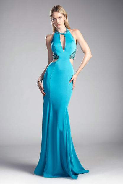 Fitted Stretch Jersey Gown with Halter Neckline and Cut Outs in turquoise, featuring elegant cut outs and a sleek silhouette.