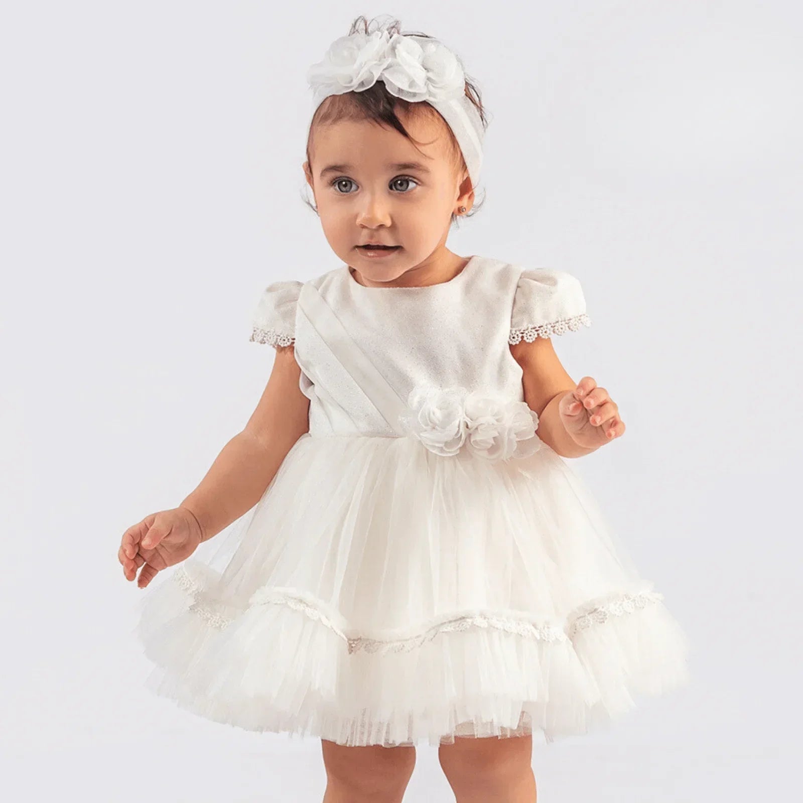 Bright Flower Girls Formal Dress featuring a tulle bottom, lace trim, and flower accents on the waistline.