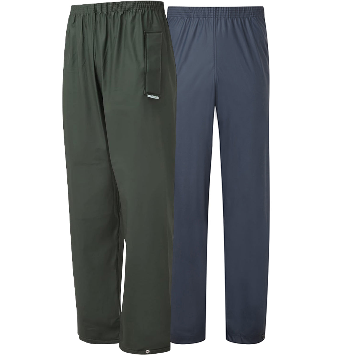 Mens Fort Flex Trousers - 920 in dark green and navy, featuring waterproof fabric and elasticated waist.