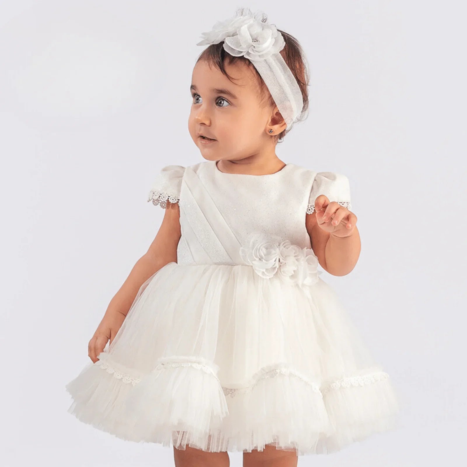 Bright Flower Girls Formal Dress showcasing soft crepe top and tulle bottom with lace trim, perfect for special occasions.