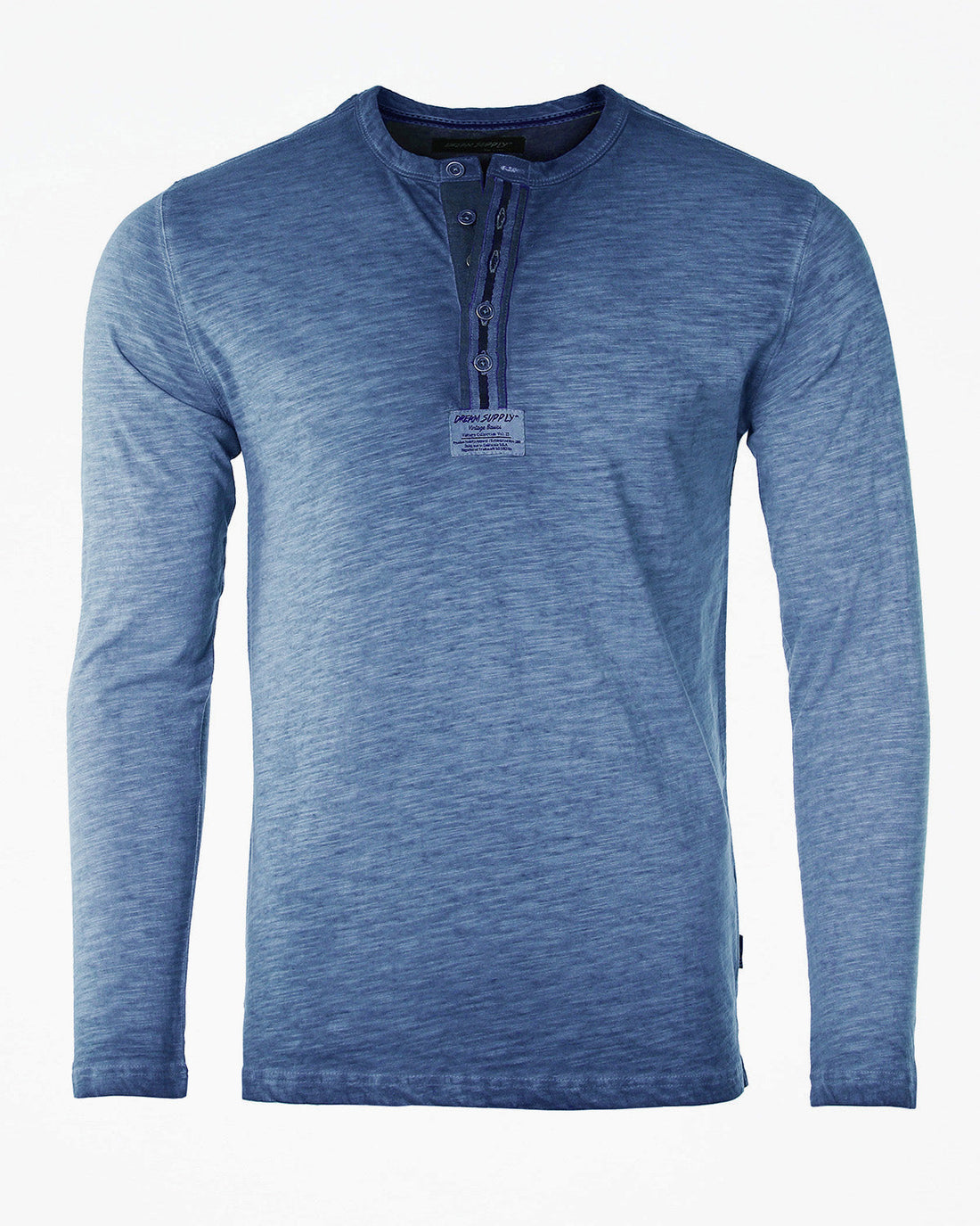 ZIMEGO Mens Long Sleeve Crew Neck Oil Wash Vintage Button Henley T-Shirt in dusty blue color.