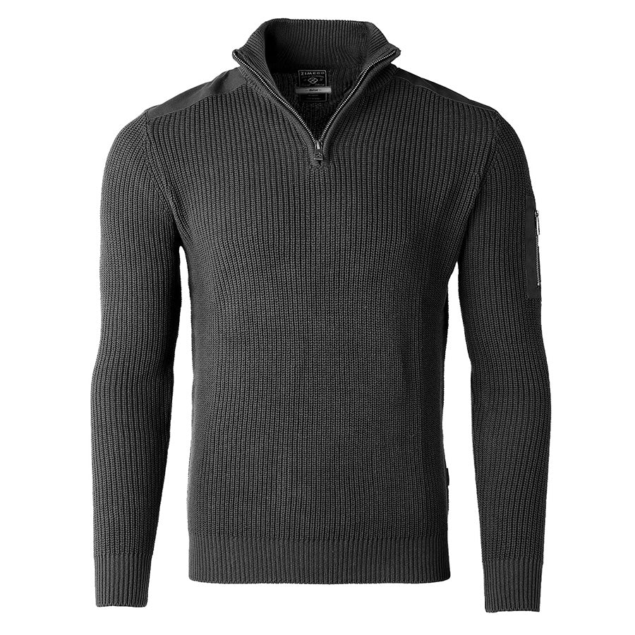 ZIMEGO Mens Long Sleeve Pullover Quarter Zip Mock Neck Polo Sweater in dark gray with zip closure and military-style pocket