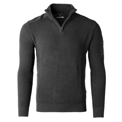 ZIMEGO Mens Long Sleeve Pullover Quarter Zip Mock Neck Polo Sweater in dark gray with zip closure and military-style pocket