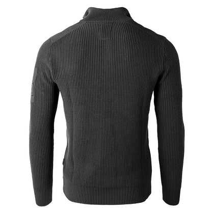 Back view of ZIMEGO Mens Long Sleeve Pullover Quarter Zip Mock Neck Polo Sweater in dark grey.