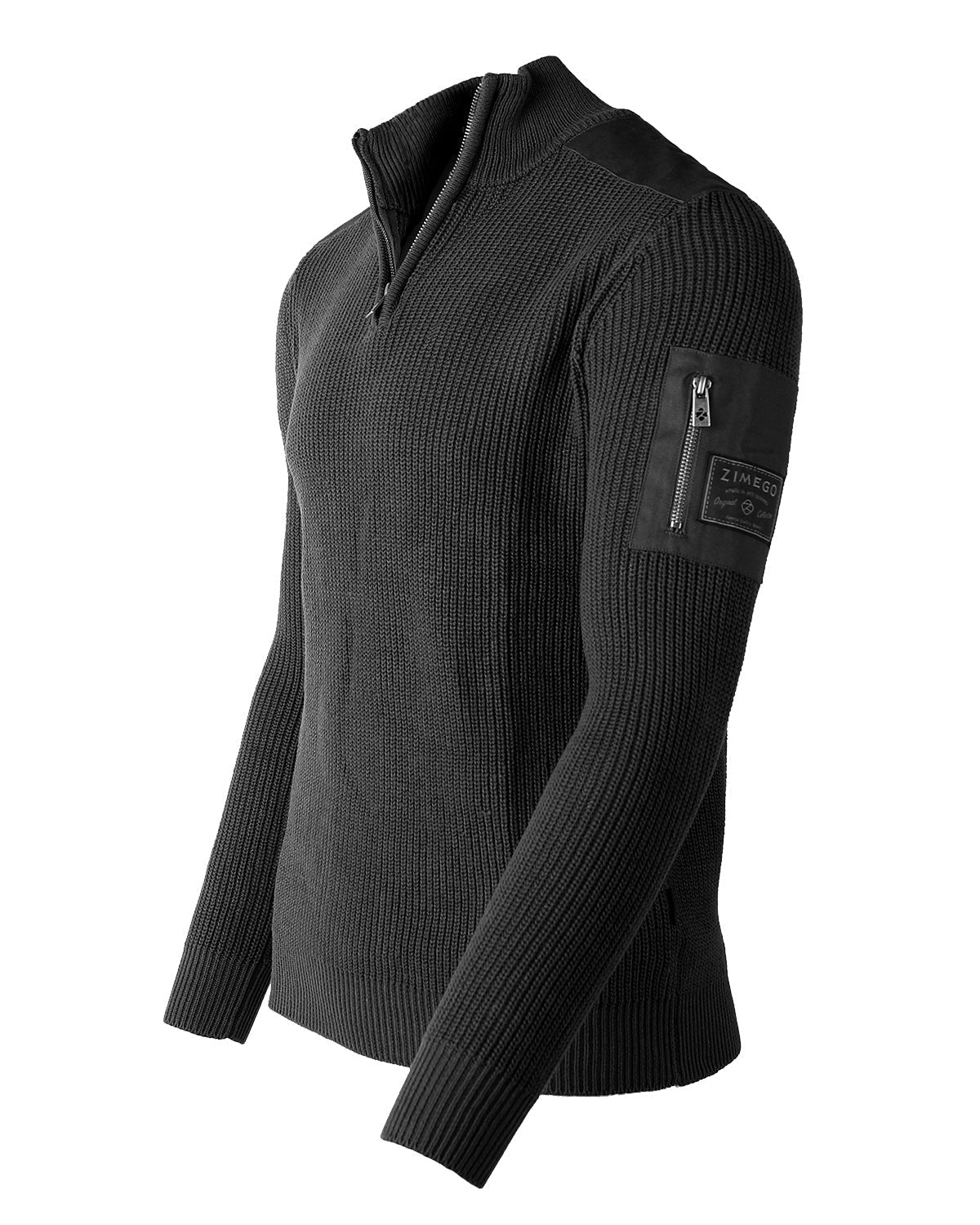 ZIMEGO Mens Long Sleeve Pullover Quarter Zip Mock Neck Polo Sweater in black with zipper pocket on sleeve