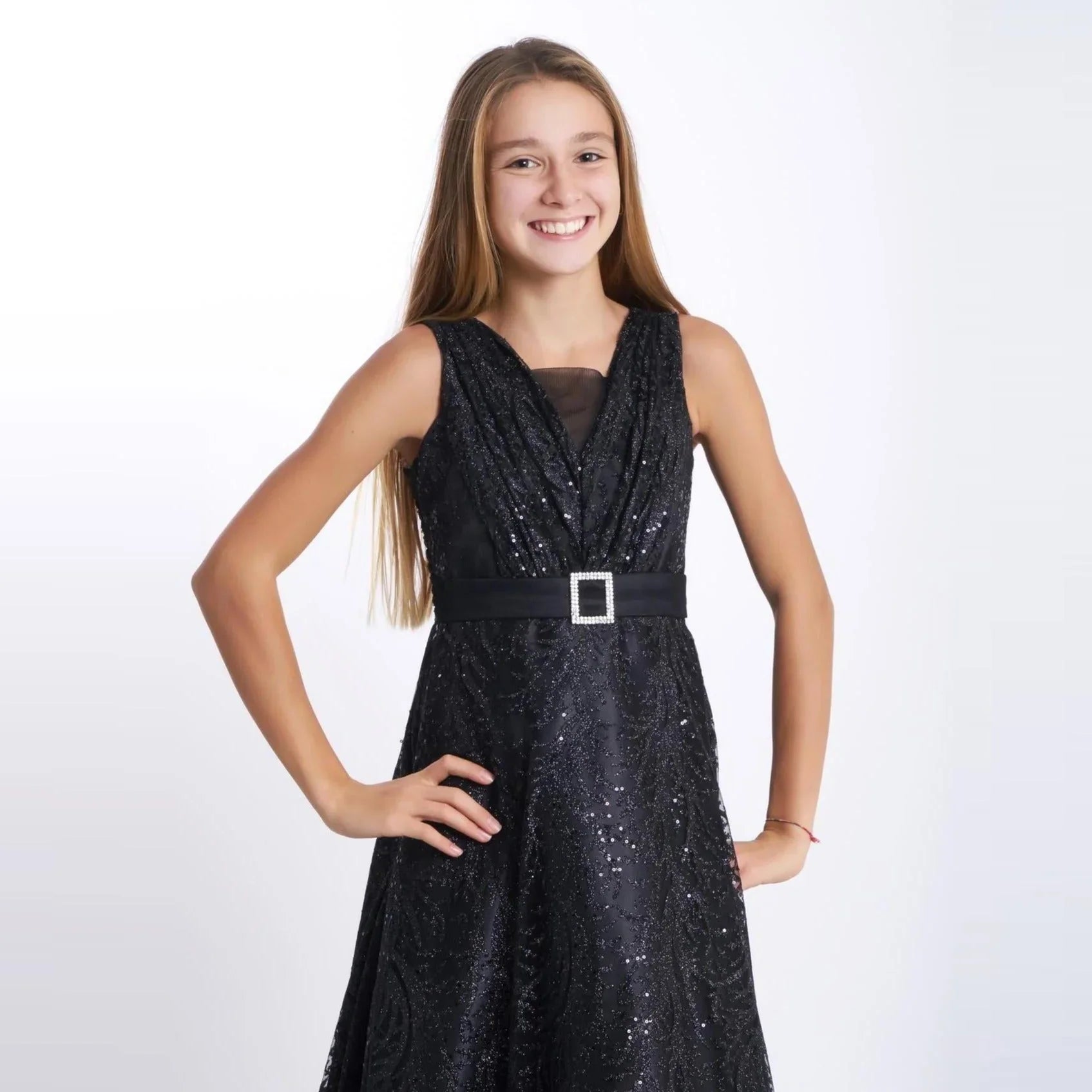Sparkling Beauty Girls Formal Dress featuring a sparkling black tulle gown with mock belt and a stylish design.