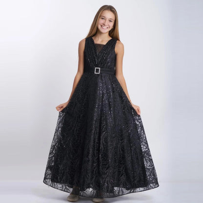 Sparkling Beauty Girls Formal Dress worn by a smiling girl in a stunning black long tulle gown with sparkles.