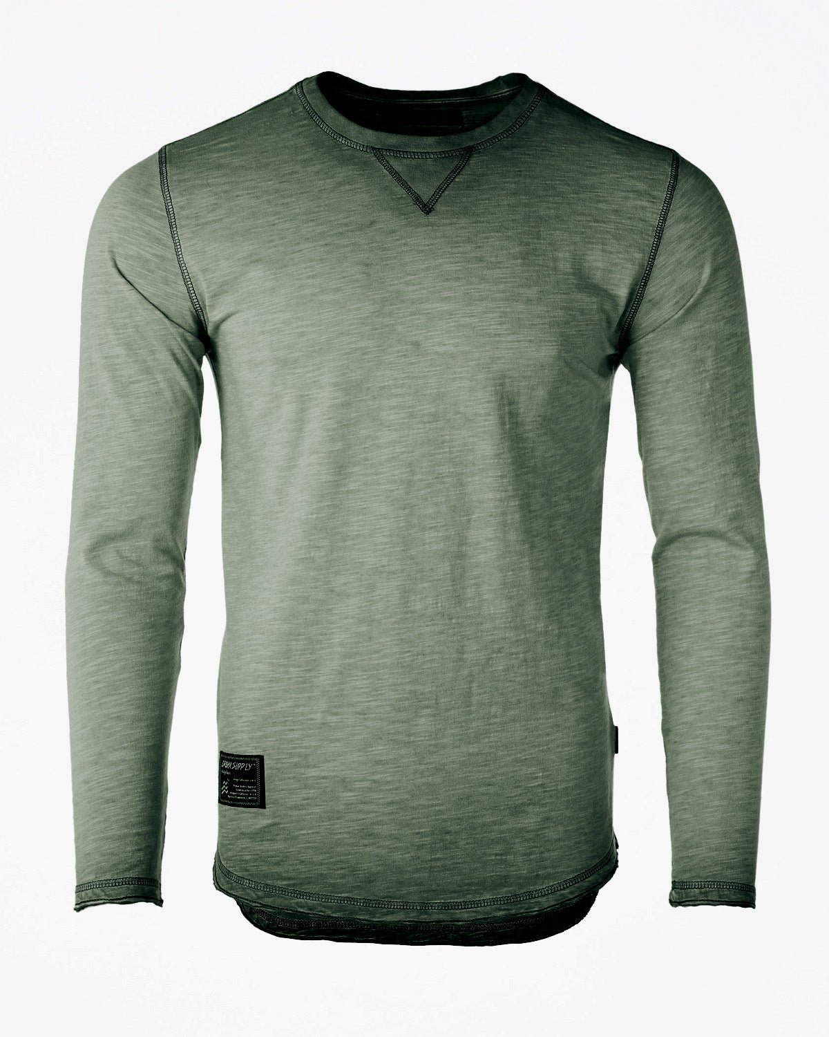 ZIMEGO Mens Long Sleeve Crewneck Oil Wash Vintage Raw Edge Hem Hipster Hip-Hop T shirt in Dusty Silver color.