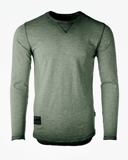 ZIMEGO Mens Long Sleeve Crewneck Oil Wash Vintage Raw Edge Hem Hipster Hip-Hop T shirt in Dusty Silver color.
