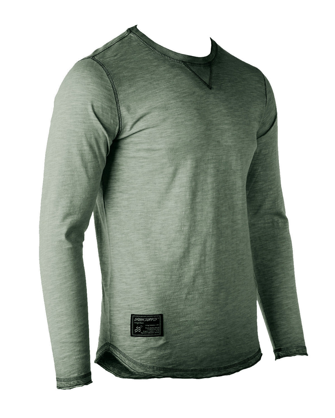 ZIMEGO Mens Long Sleeve Crewneck Oil Wash Vintage Raw Edge Hem Hipster Hip-Hop T shirt in Dusty Silver color.