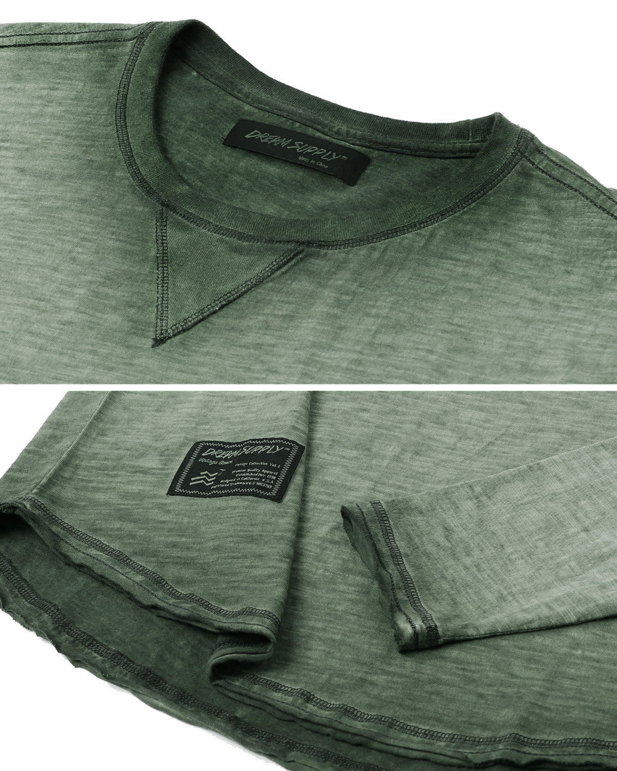 ZIMEGO Mens Long Sleeve Crewneck Oil Wash Vintage Raw Edge Hem Hipster Hip-Hop T shirt in dusty silver, showing fabric and design details.