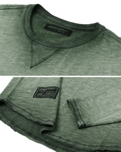ZIMEGO Mens Long Sleeve Crewneck Oil Wash Vintage Raw Edge Hem Hipster Hip-Hop T shirt in dusty silver, showing fabric and design details.