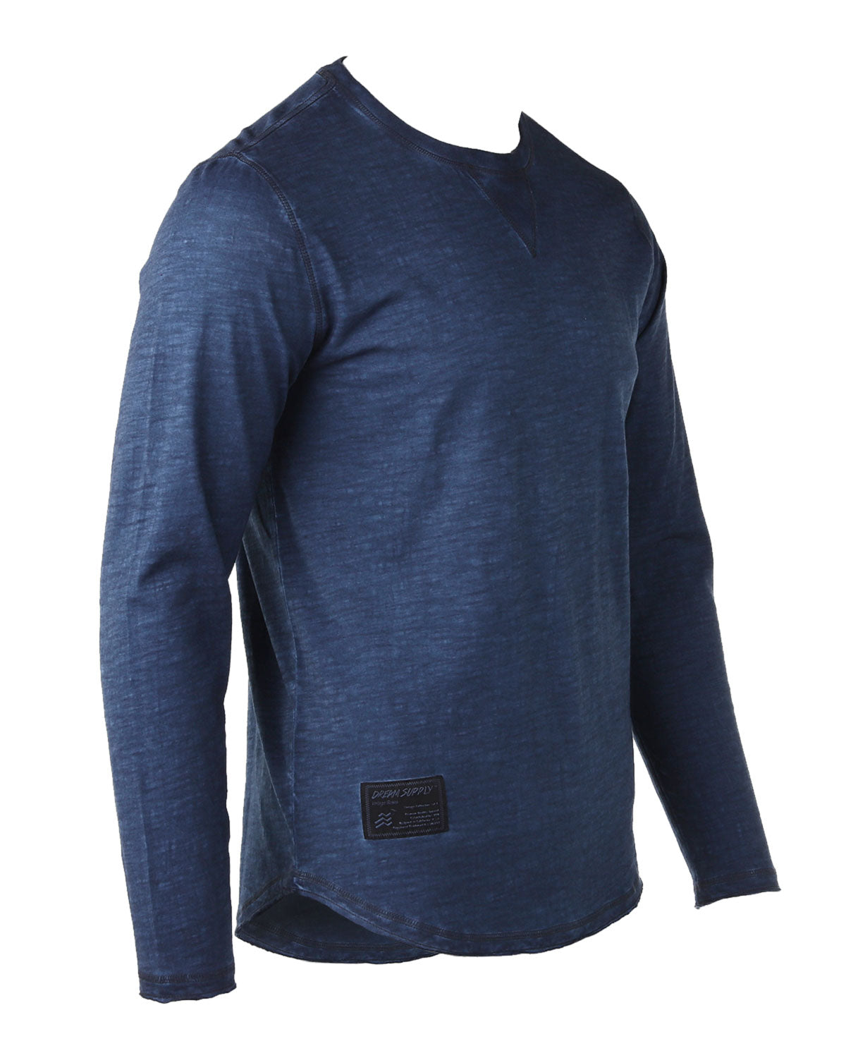 ZIMEGO Mens Long Sleeve Crewneck Oil Wash Vintage Raw Edge Hem Hipster Hip-Hop T shirt in dark blue color.