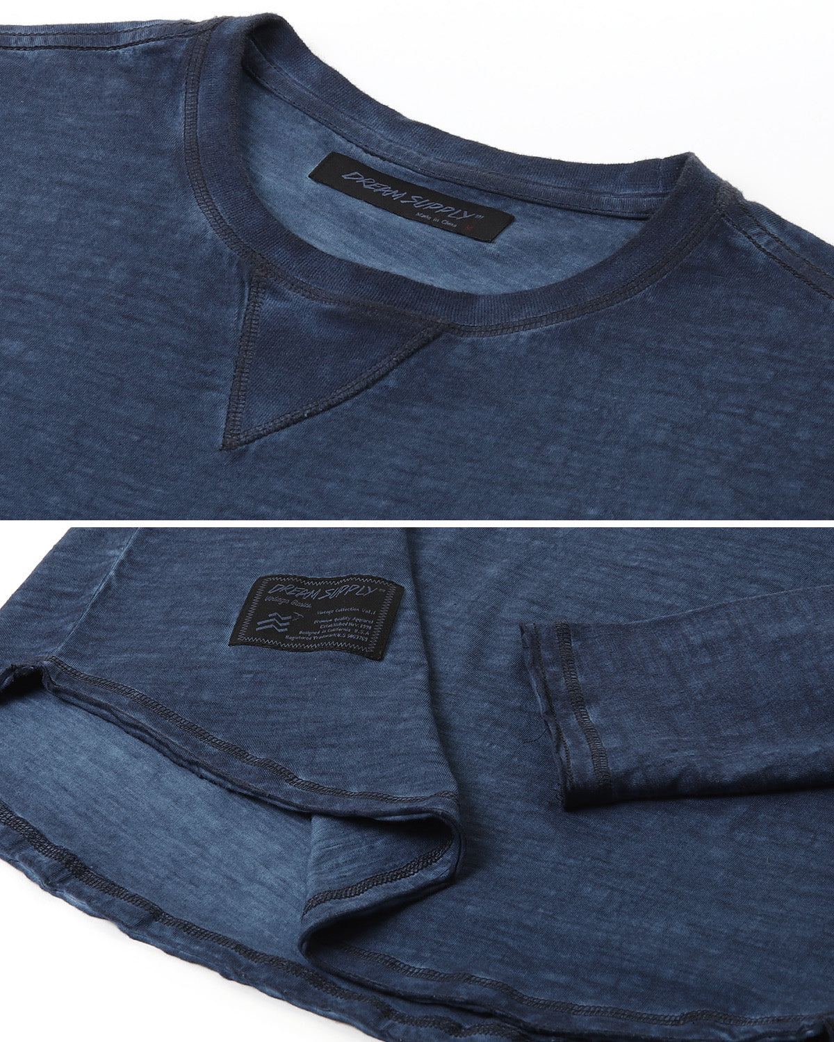 ZIMEGO Mens Long Sleeve Crewneck Oil Wash Vintage Raw Edge Hem Hipster Hip-Hop T shirt close-up details