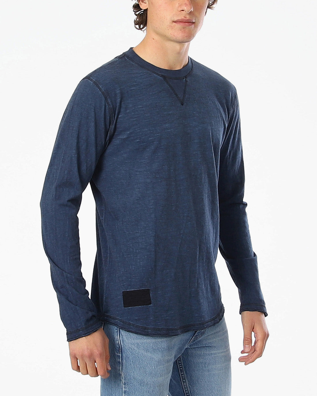 ZIMEGO Mens Long Sleeve Crewneck Oil Wash Vintage Raw Edge Hem Hipster Hip-Hop T shirt in navy blue