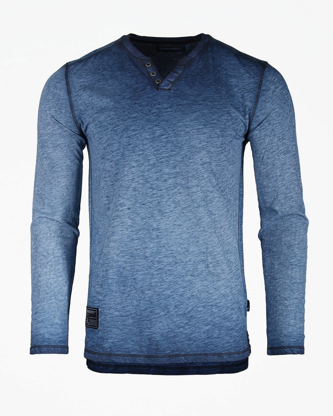 ZIMEGO Mens Long Sleeve V-Neck Henley Oil Wash Contrast Seam Vintage Shirt in blue