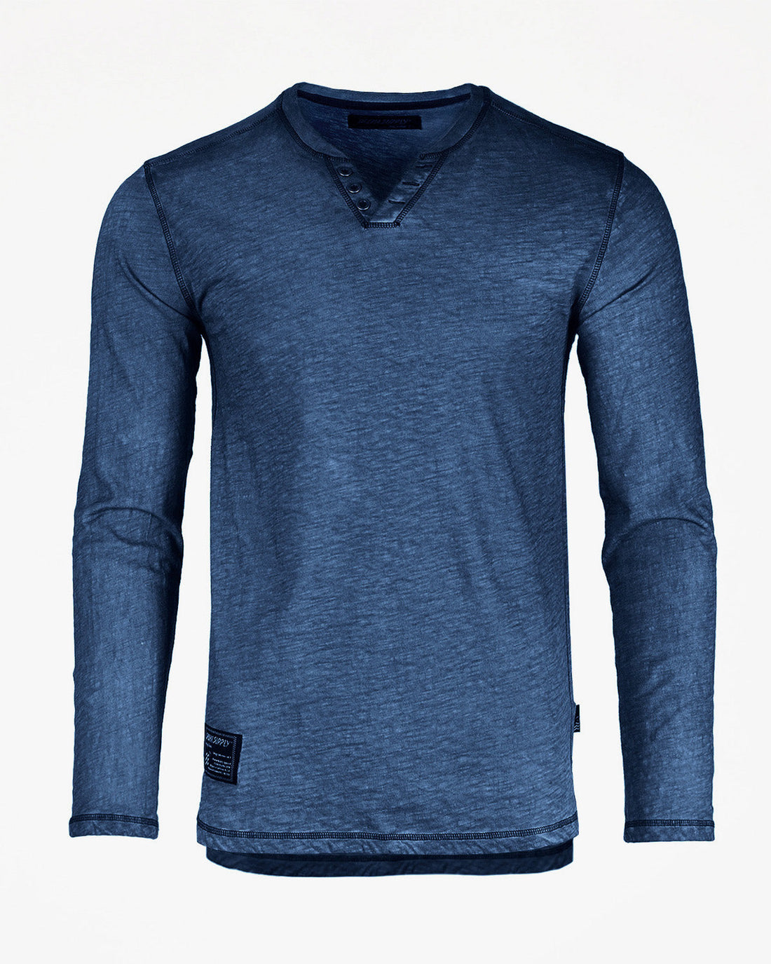 ZIMEGO Mens Long Sleeve V-Neck Henley Oil Wash Contrast Seam Vintage Shirt displayed in a stylish navy blue color.