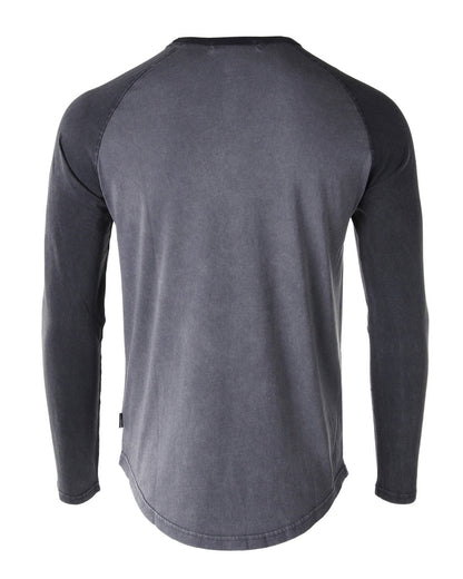 ZIMEGO Mens Athletic Fit Baseball Retro Contrast Long Sleeve Raglan T-Shirt back view in dark grey color.